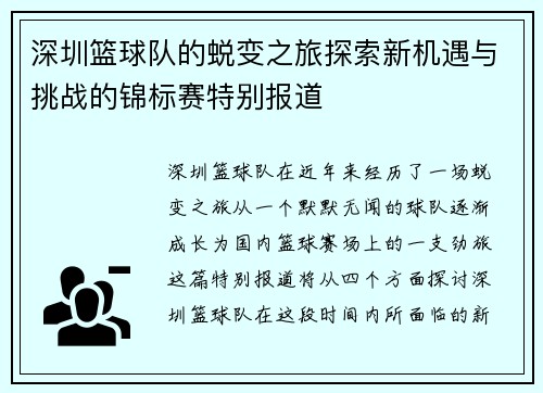 深圳篮球队的蜕变之旅探索新机遇与挑战的锦标赛特别报道