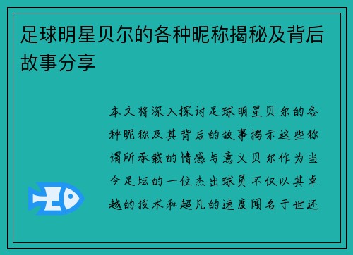 足球明星贝尔的各种昵称揭秘及背后故事分享